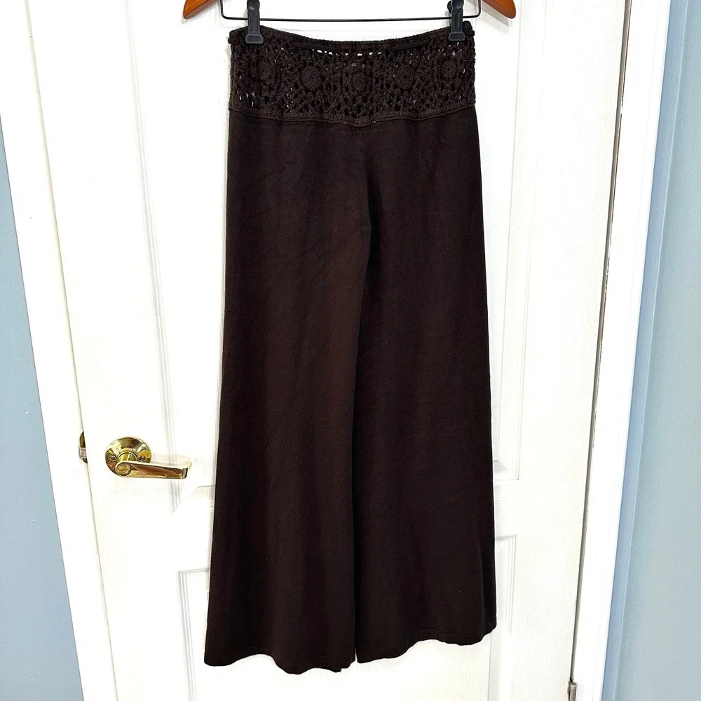Espresso Brown Crochet Lace Waist Wide Leg Knit Pants Boho Drawstring Medium